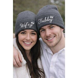 Couples Charcoal Grey HUBBY WIFEY Matching Beanies NEW Wedding Gift